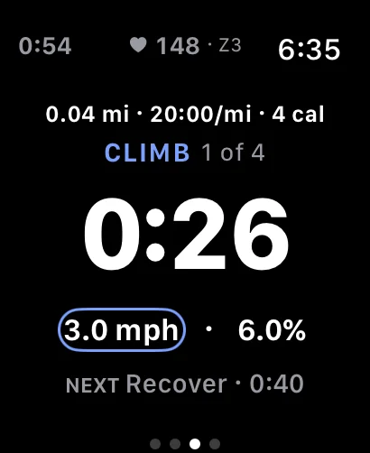 Apple Watch running an interval workout: current segment, countdown, and live heart rate